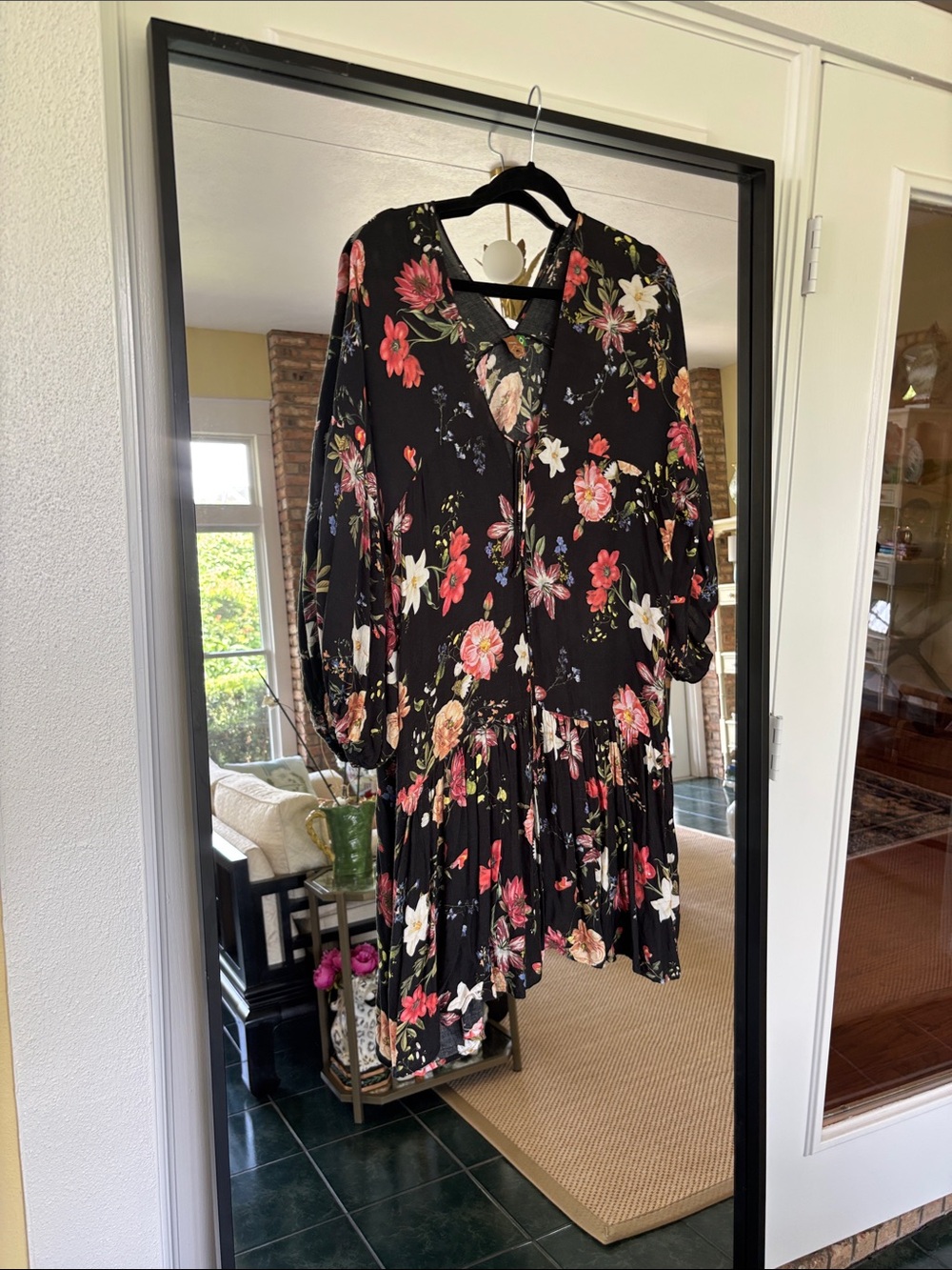 FARM Rio Black Floral Long-Sleeve Tiered Midi Dress